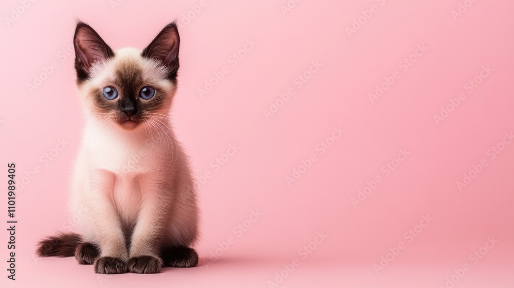 A cute Siamese kitten sitting on a solid pastel pink background with space above for text A cute Siamese kitten sitting on a solid pastel pink background with space above for text