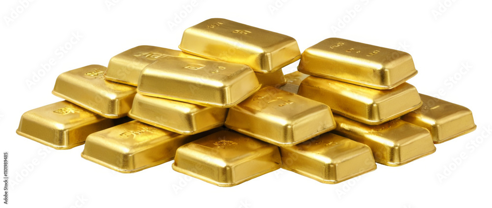 Shiny gold bars in various shapes stacked on each other against a transparent background in a realistic 3D rendering. Shiny gold bars in various shapes stacked on each other against a transparent background in a realistic 3D rendering.