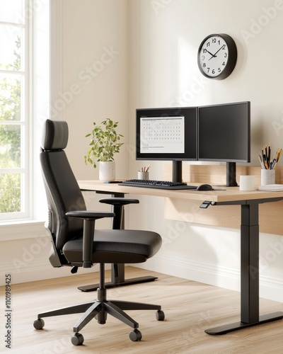 A black office chair with a black desk and two computer monitors