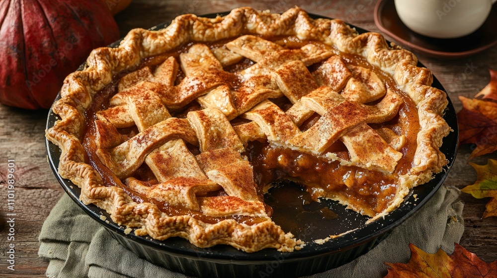 Delicious apple pie with a slice missing, autumn setting. Delicious apple pie with a slice missing, autumn setting.