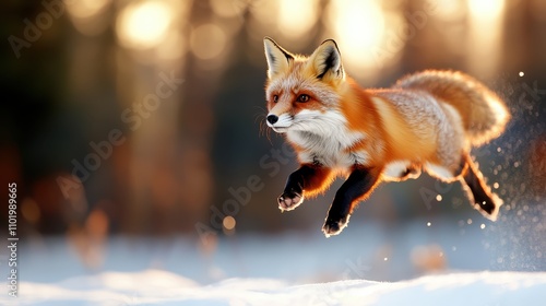 Amidst an ethereal snowy forest, a red fox soars gracefully through the air, bathed in soft sunlight, embodying the free spirit and vibrancy of nature.