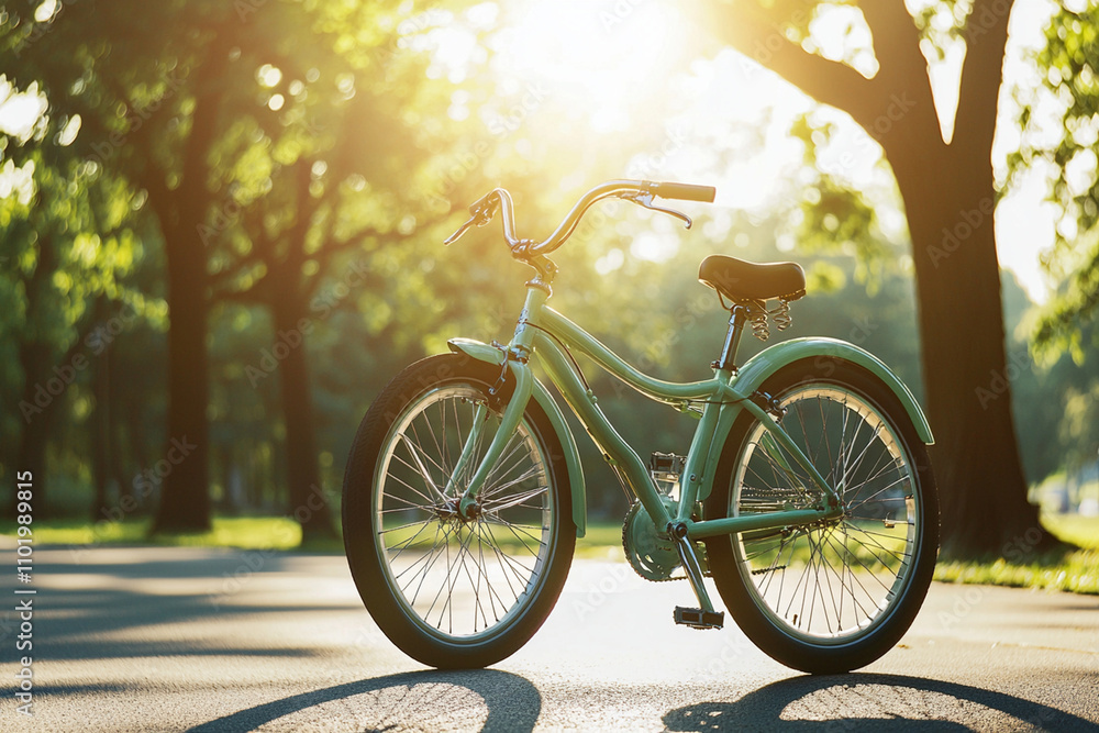 Fototapeta premium Bright green bicycle parked under sunlight in a tree-lined park