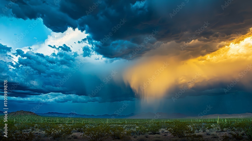 Dramatic desert monsoon storm with rain, dark clouds and golden sunlight. Dramatic desert monsoon storm with rain, dark clouds and golden sunlight.