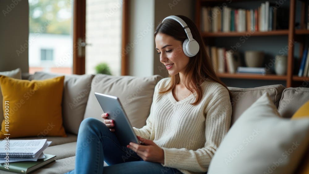 A cozy home setup featuring a woman studying mockup with a tablet A cozy home setup featuring a woman studying mockup with a tablet