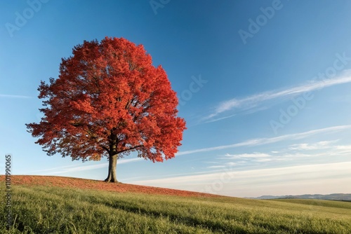 Distant tree with vibrant red leaves against a clear blue sky, autumn landscape, canada, crimson leaves, autumn foliage