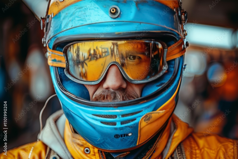 Close-up of a skier in bright blue and orange helmet and goggles preparing for winter sports at a ski resort