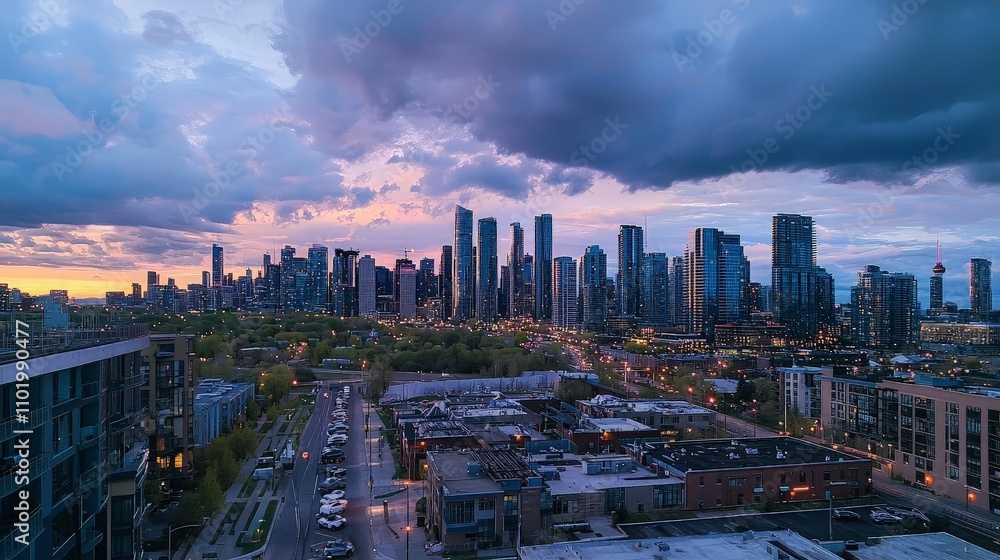 Fototapeta premium Dramatic sunset cityscape view with skyscrapers, streets, and clouds.