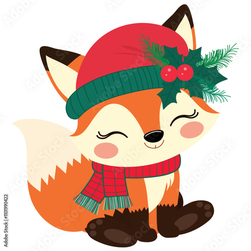 Cute Christmas Fox with red scarf and red hat decorated with holly berry bouquet.