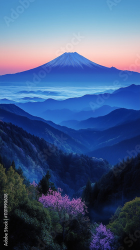 Paysage onirique inspiré du Japon et du Mont Juji baigné par la lumière du crépuscule durant l'hiver après la neige, espace naturel grandiose et sauvage photo