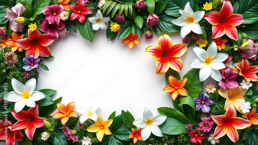 Exotic floral banner made of a mix of real and artificial flowers with lush greenery arranged in an asymmetrical pattern, festive atmosphere, colorful blooms, jungle-inspired decor Exotic floral banner made of a mix of real and artificial flowers with lush greenery arranged in an asymmetrical pattern, festive atmosphere, colorful blooms, jungle-inspired decor