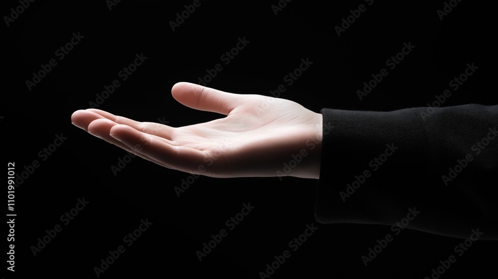 Open hand reaching out in a dark setting conveying invitation and connection. Open hand reaching out in a dark setting conveying invitation and connection.