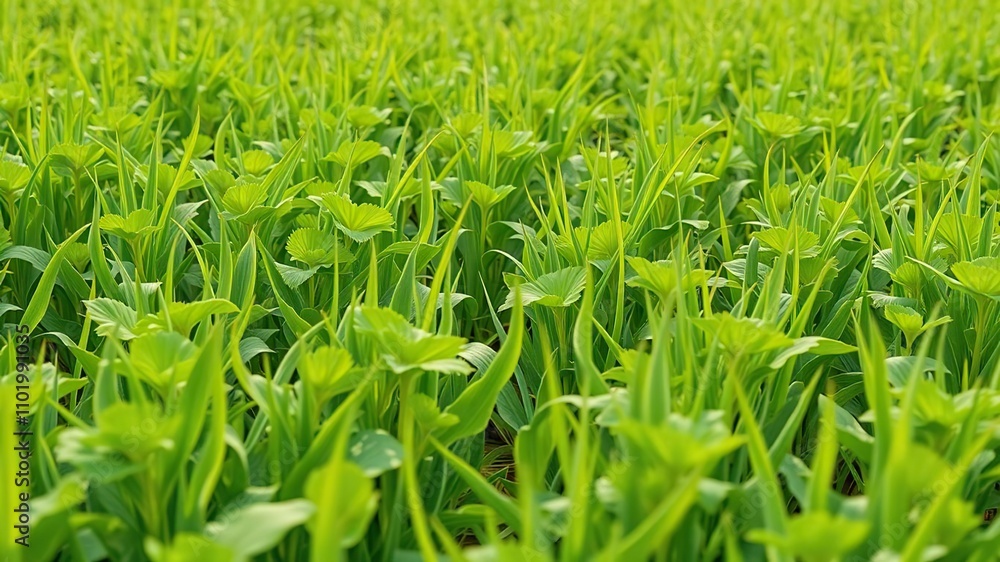 Field with lush green potato plants growing amidst the tall grass, crop growth, potato fields Field with lush green potato plants growing amidst the tall grass, crop growth, potato fields