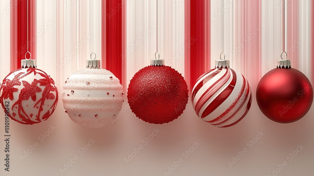 Christmas banner with bauble ornaments with red and white stripes Christmas banner with bauble ornaments with red and white stripes