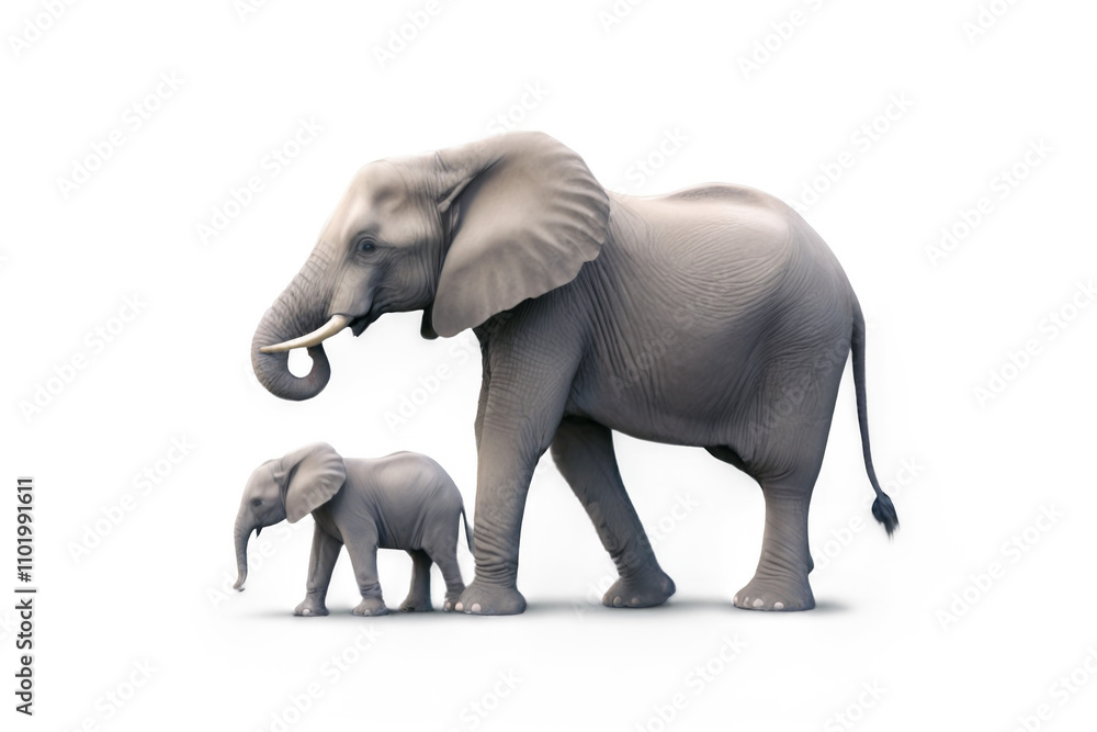 Fototapeta premium Mother and baby elephants in peaceful pose, mother standing with trunk raised, baby walking beside her, facing same direction.