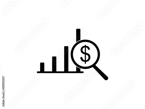 Financial analysis, business analysis concept, magnifier glass with bar graph. Analytics icon. Business financial forecast. Observation. Estimate. Budget graph. Predictive analytics. Stats icon