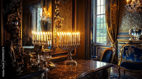 Lit menorah on ornate table in opulent room. photo