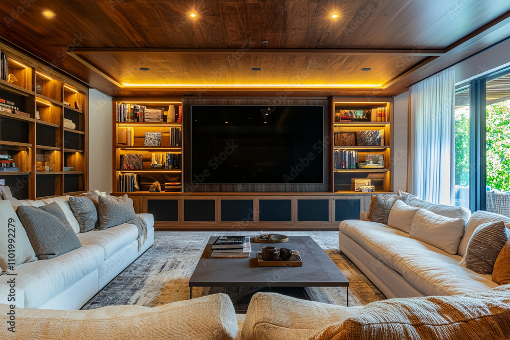Cozy modern living room with elegant decor and warm lighting Cozy modern living room with elegant decor and warm lighting