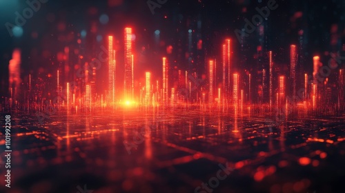 Abstract digital landscape with glowing red and orange data structures, representing futuristic technology and vibrant city skyline at dusk