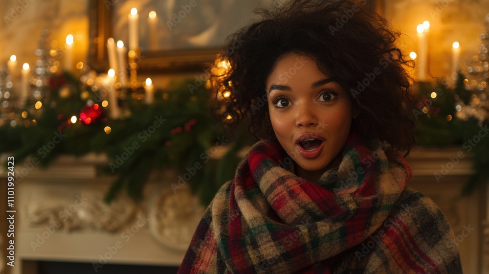 Surprised Woman in Cozy Holiday Setting Surprised Woman in Cozy Holiday Setting