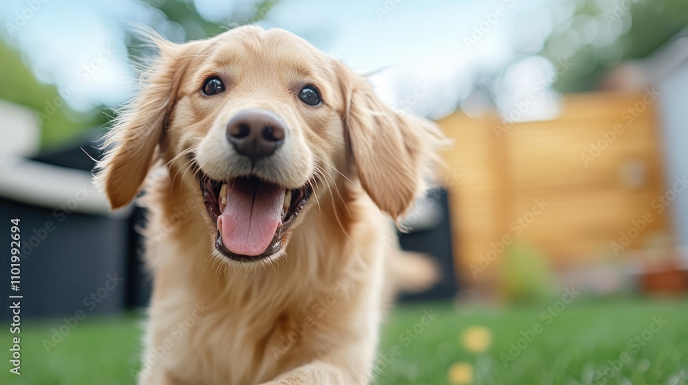 A golden retriever with a bright smile enjoys the open grassy backyard, radiating warmth, happiness, and the simple joys of life in a peaceful suburban setting. A golden retriever with a bright smile enjoys the open grassy backyard, radiating warmth, happiness, and the simple joys of life in a peaceful suburban setting.