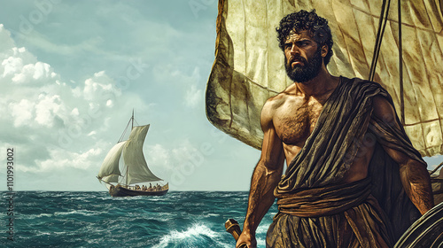 Odysseus old greek hero on his odyssey with his ship, anicent greek mythology illustration