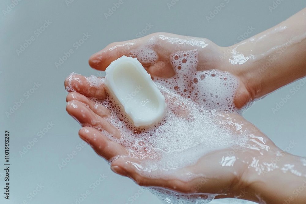 Fototapeta premium Hands holding soap while washing with bubbles in a bright setting