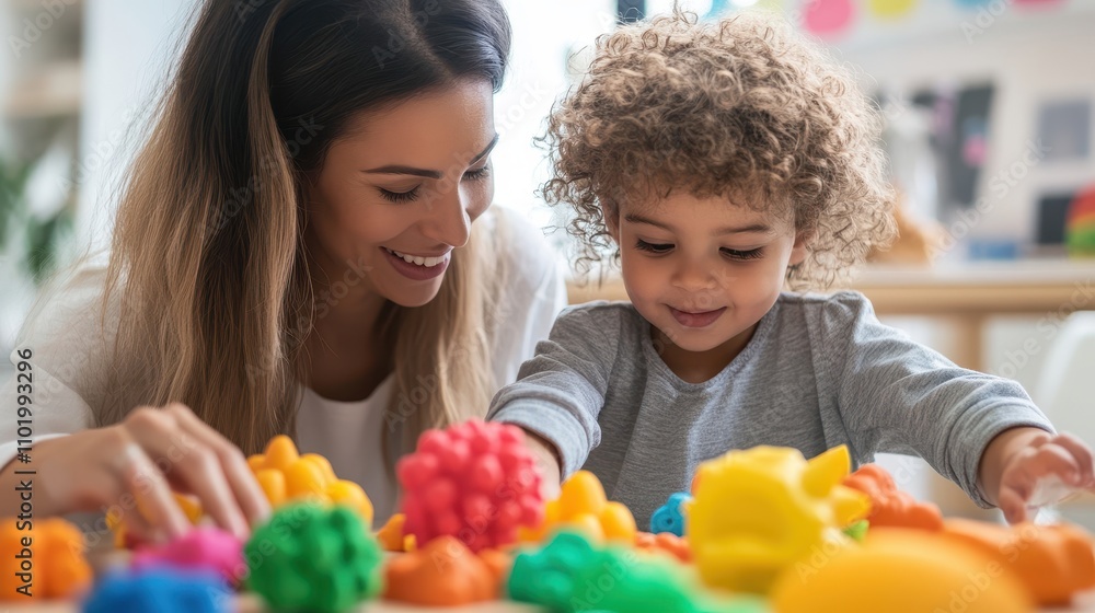 Caring therapist guiding child through play with colorful toys in supportive and nurturing environment Caring therapist guiding child through play with colorful toys in supportive and nurturing environment