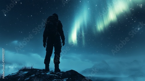 Hiker silhouette under aurora borealis mountain ridge night sky scenic view cosmic experience photo