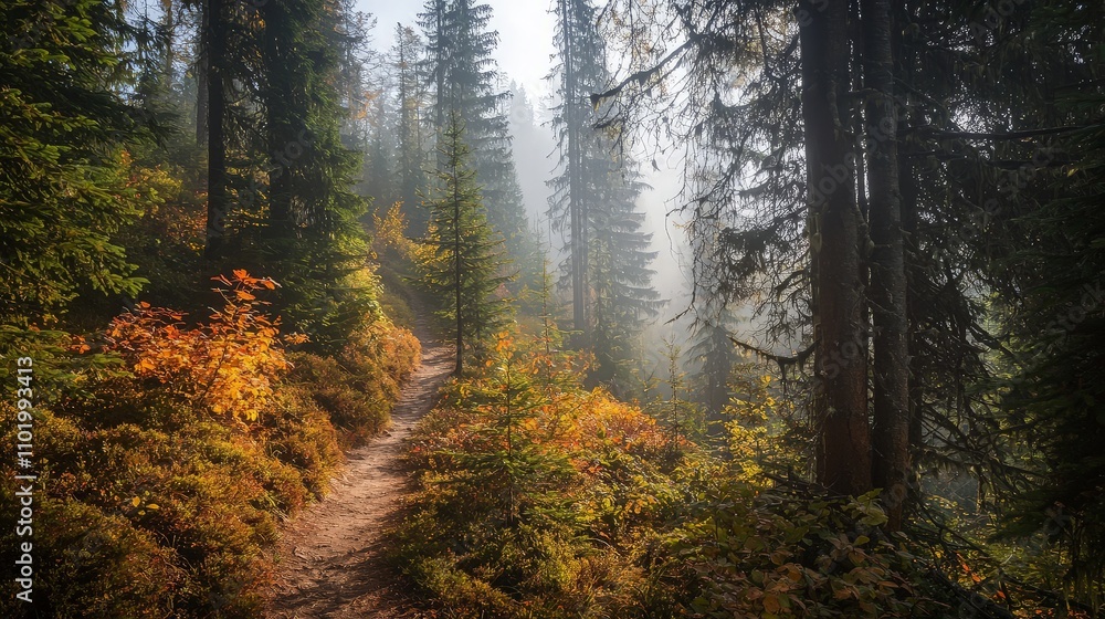 Naklejka premium Misty autumn forest trail with colorful foliage.