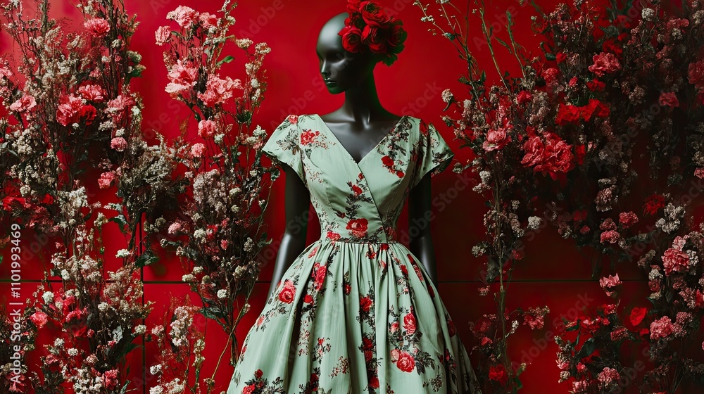 A full body shot of a red mannequin wearing a light green modern spring dress with a floral pattern. A full body shot of a red mannequin wearing a light green modern spring dress with a floral pattern.