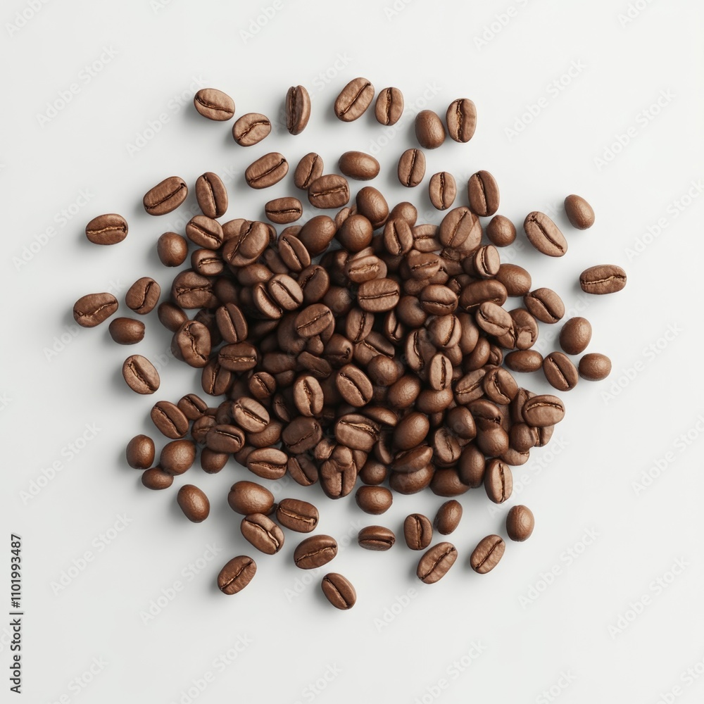 Coffee beans on a white background, top view, high-quality photography, detailed stock photo. Coffee beans on a white background, top view, high-quality photography, detailed stock photo.