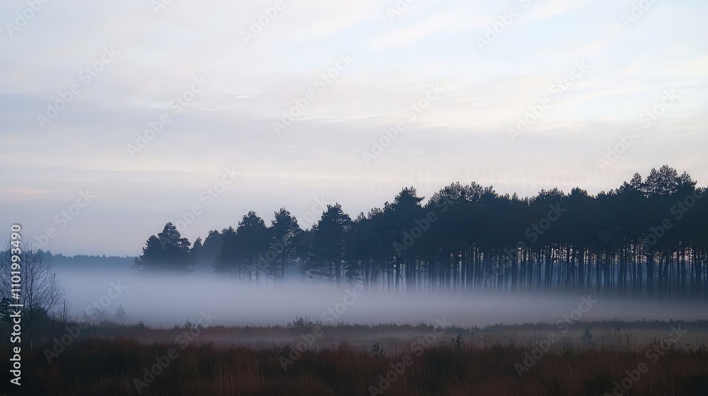 Fototapeta premium Misty dawn landscape with silhouetted trees.
