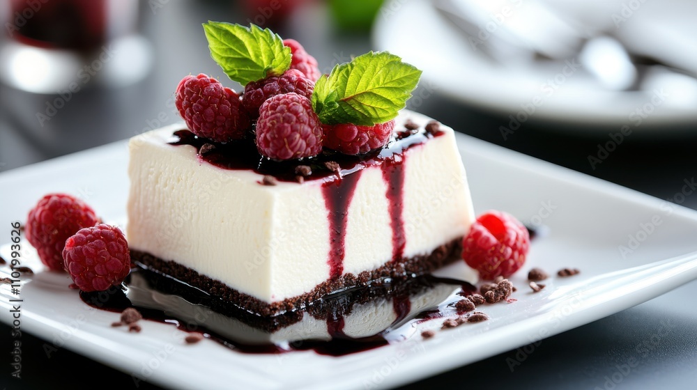 A visually stunning panna cotta served on a square plate, topped with raspberries and a dark chocolate base, accentuated by drizzle of berry sauce and mint leaves. A visually stunning panna cotta served on a square plate, topped with raspberries and a dark chocolate base, accentuated by drizzle of berry sauce and mint leaves.