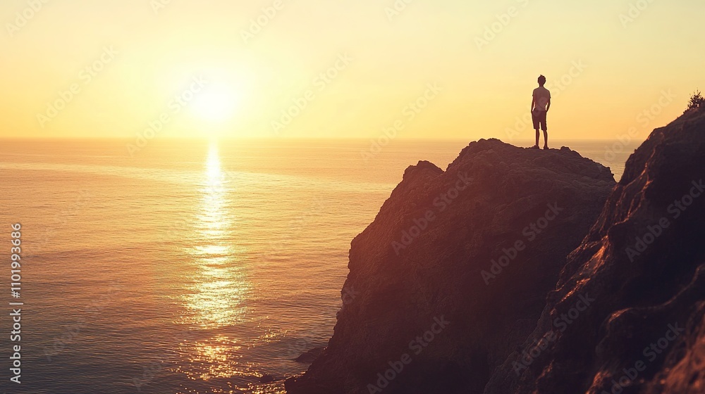 Breathtaking Sunset View from Rocky Cliff Overlooking Vast Ocean Breathtaking Sunset View from Rocky Cliff Overlooking Vast Ocean