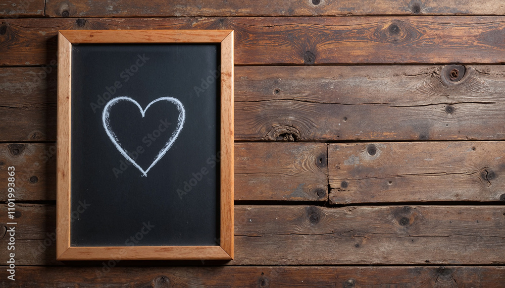 Chalkboard with a heart drawing in a wooden frame on a rustic wooden background with copy space, Valentine's Day Celebration background Chalkboard with a heart drawing in a wooden frame on a rustic wooden background with copy space, Valentine's Day Celebration background