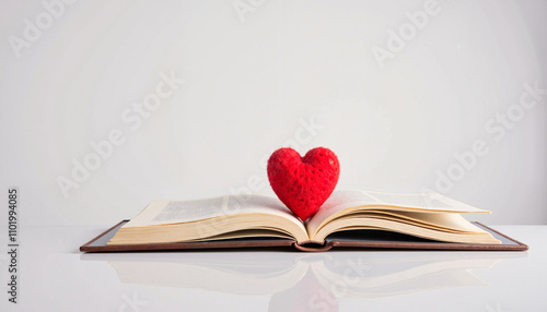 Crocheted red heart resting on open book for romantic themes and creative writing in fresh, minimalistic setting, Valentine's Day Celebration background photo