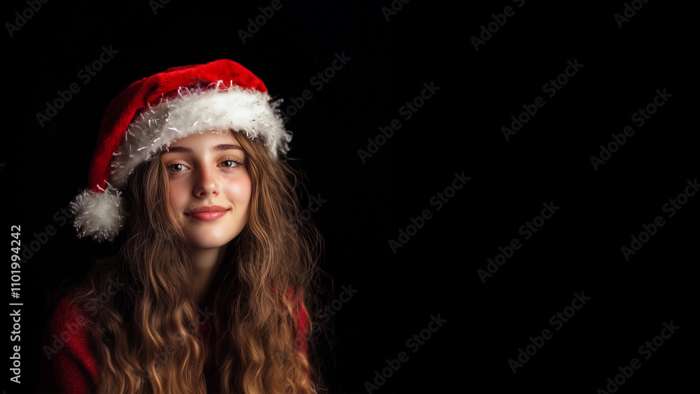 Beautiful woman wearing red Santa hat,smiling,black background,copy space,Christmas concept. Beautiful woman wearing red Santa hat,smiling,black background,copy space,Christmas concept.