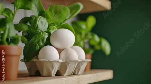 Organic retail food concept, Fresh eggs are arranged in an egg carton, surrounded by vibrant green plants in pots against a dark green backdrop. photo