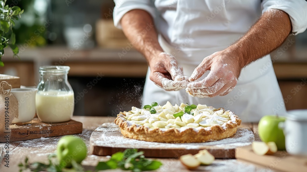 A skilled chef artfully prepares an apple pie, skillfully sprinkling flour and herbs onto the crust in a sunlit kitchen, embodying culinary mastery. A skilled chef artfully prepares an apple pie, skillfully sprinkling flour and herbs onto the crust in a sunlit kitchen, embodying culinary mastery.
