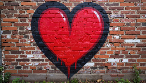 Graffiti red heart mural on brick wall with drips for urban art and love themes in vibrant settings, Valentine's Day Celebration background
