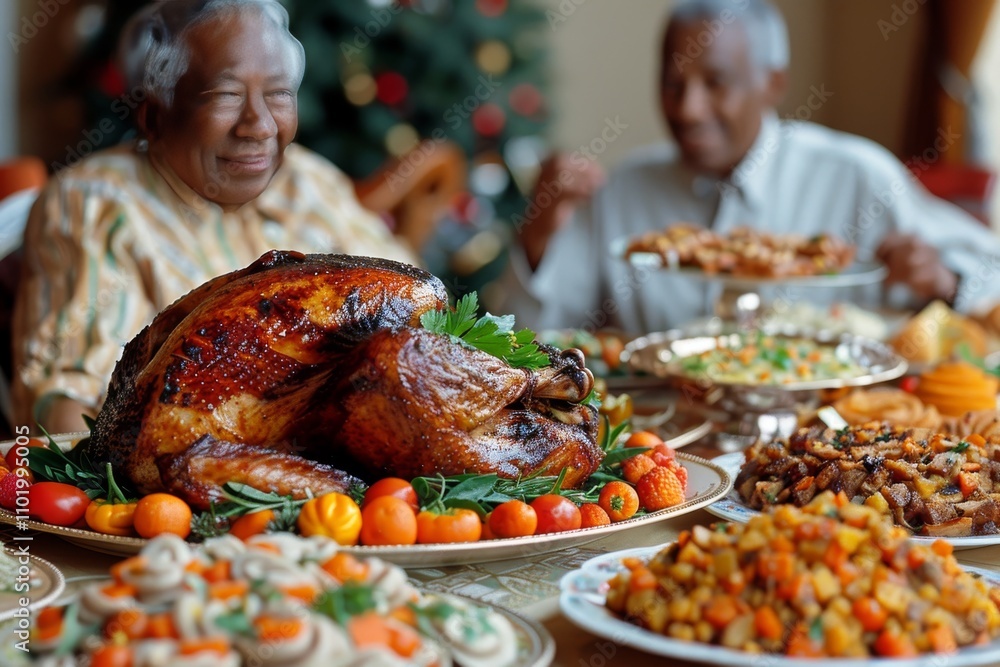 Family gathering features a lavish holiday feast with roasted turkey and festive dishes Family gathering features a lavish holiday feast with roasted turkey and festive dishes