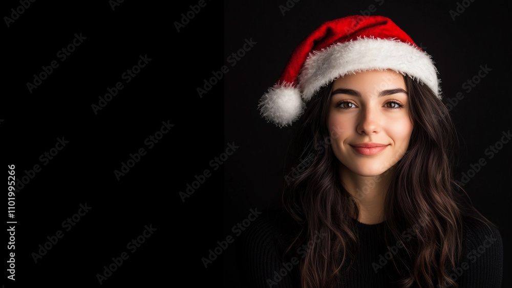 Beautiful woman wearing red Santa hat,smiling,black background,copy space,Christmas concept. Beautiful woman wearing red Santa hat,smiling,black background,copy space,Christmas concept.