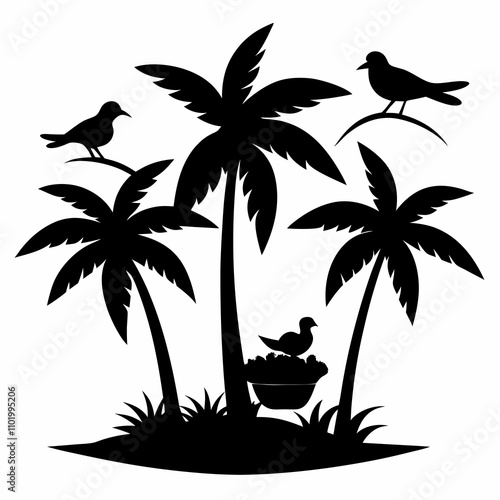 Silhouette birds nesting in palm trees vector illustration