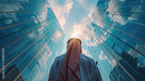 Young Saudi businessman from back, looking up towards Saudi kingdom building, perspective view.