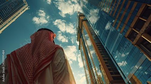 Young Saudi businessman from back, looking up towards Saudi kingdom building, perspective view.