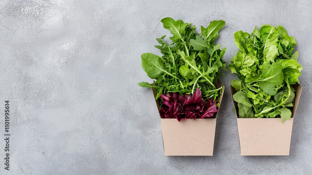Organic retail food concept, Fresh greens in eco-friendly containers against a textured gray background, highlighting healthy eating and sustainable gardening. Organic retail food concept, Fresh greens in eco-friendly containers against a textured gray background, highlighting healthy eating and sustainable gardening.