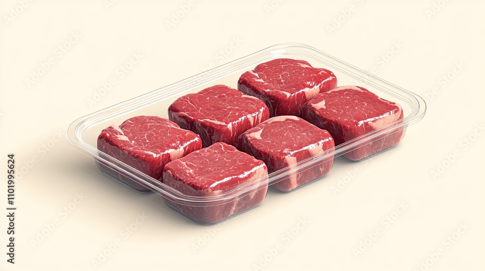 Raw isometric tenderloin fillets packed in transparent plastic in a square shape, on a white background. Raw isometric tenderloin fillets packed in transparent plastic in a square shape, on a white background.