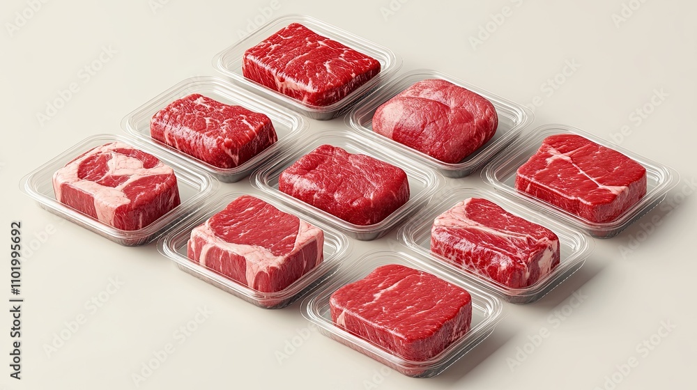 Raw isometric tenderloin fillets packed in transparent plastic in a square shape, on a white background. Raw isometric tenderloin fillets packed in transparent plastic in a square shape, on a white background.