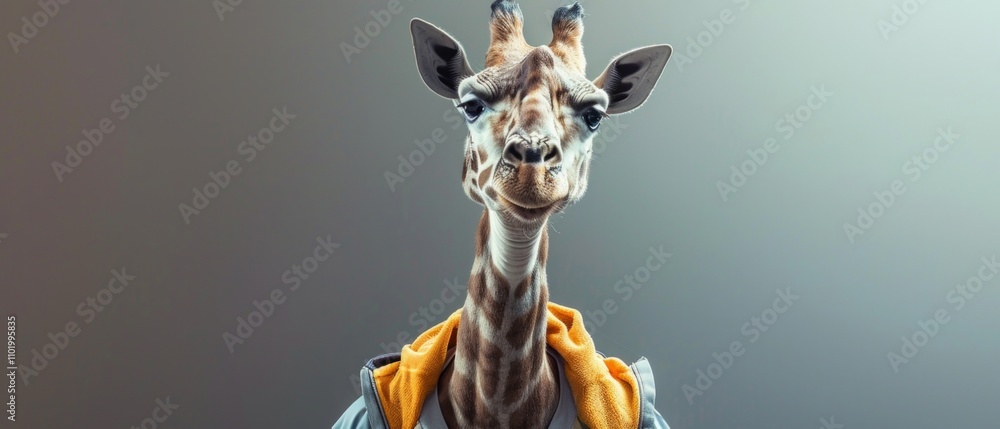 A stylish, playful giraffe in a grey coat with a yellow collar sticks out its tongue, creating a whimsical and engaging image against a grey background. A stylish, playful giraffe in a grey coat with a yellow collar sticks out its tongue, creating a whimsical and engaging image against a grey background.