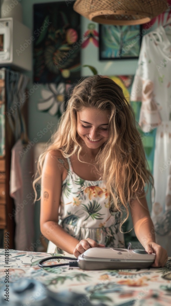 Fototapeta premium A smiling young woman in a colorful room, with long wavy hair, looks at her phone on a table with various items. She seems happy and creative.
